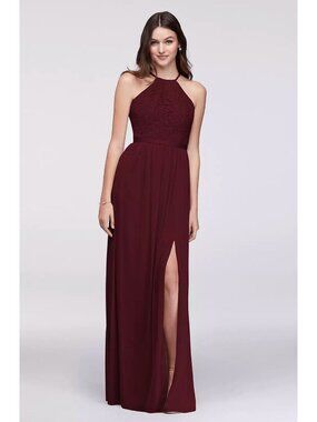 David's Bridal New Wine Lace Bodice Mesh Long Gown Size 28 Maxi Dress Bridesmaid
